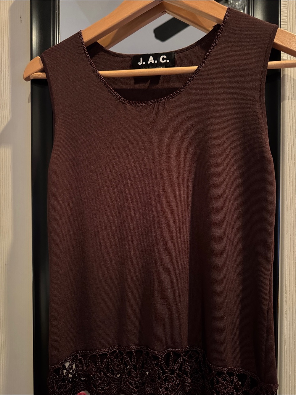 Women's Brown Sleeveless Knit Top with Lace Hem